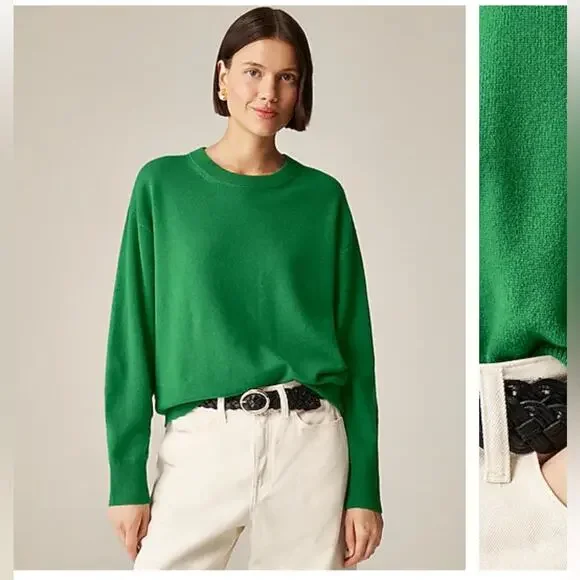 J. CREW 100% Cashmere Relaxed Crewneck Sweater Emerald Kelly Green Soft Small - Picture 3 of 9
